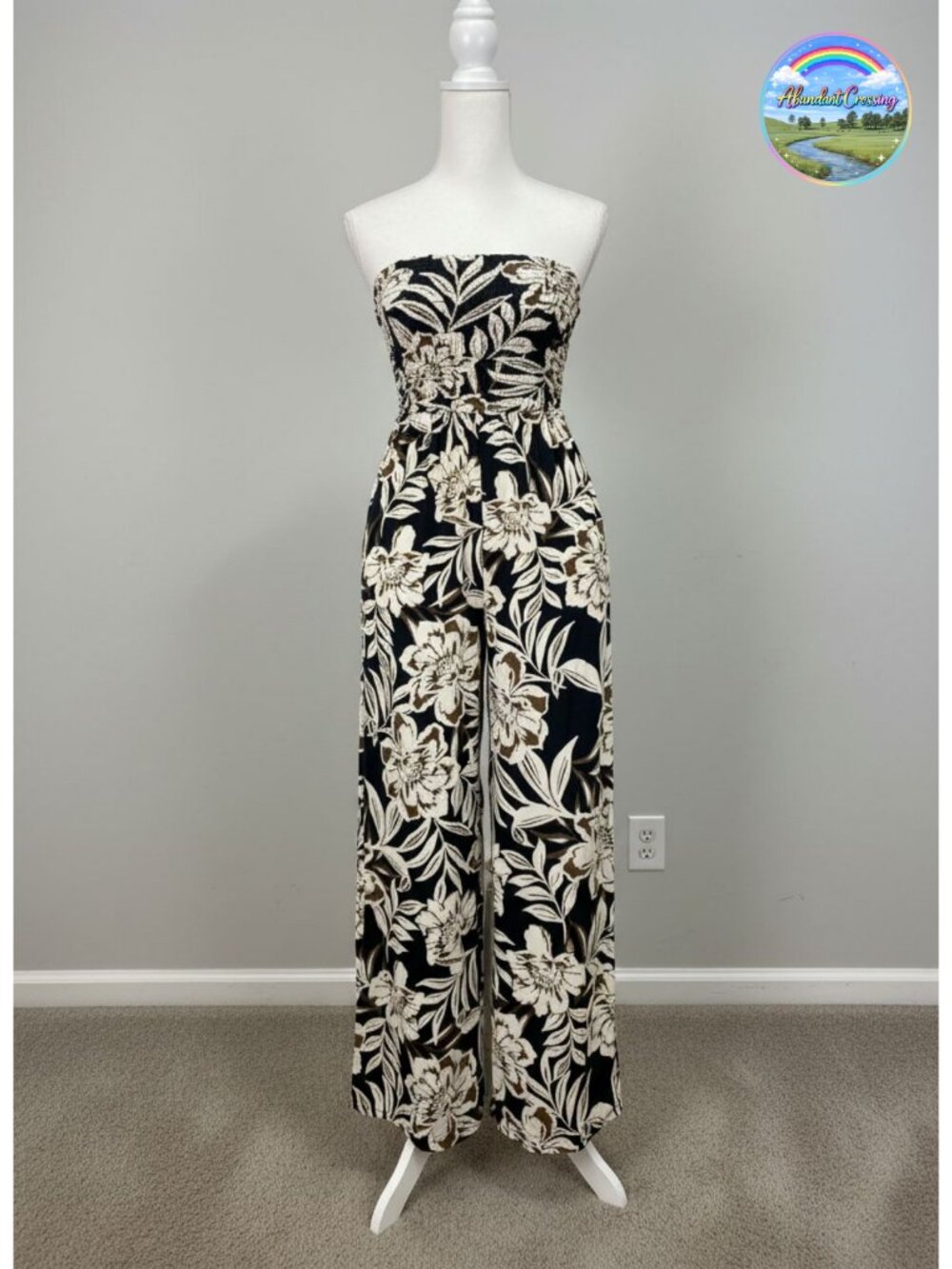 Strapless Wide Leg Jumpsuit Sleeveless Ruched Pull On Floral Romper